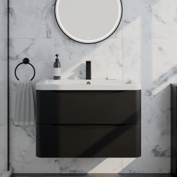 Delphi Polaris Satin Soft Black 800mm 2-Drawer Wall Hung Vanity Unit (inc Basin) | Product Image