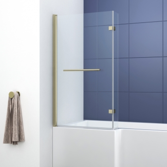Delphi Pride Brushed Brass L-Shaped Hinged Bath Screen With Towel Rail 1400mm H x 800mm W