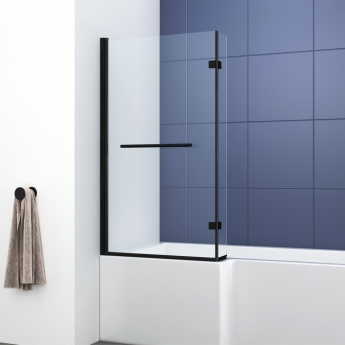 Delphi Pride Matt Black L-Shaped Hinged Bath Screen With Towel Rail 1400mm H x 800mm W