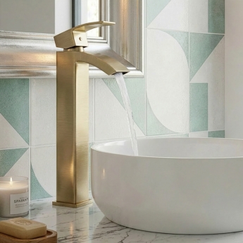 Delphi Swallow Brushed Brass High Rise Tall Mono Basin Mixer Tap | Product Image