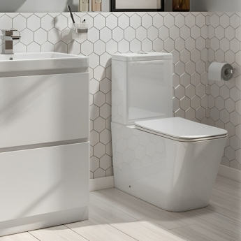 Delphi Torbole Rimless Close Coupled Toilet with Push Button Cistern White - Slim Soft Close Seat