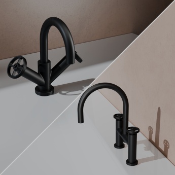 Delphi Turbine Matt Black Basin Mixer and Bath Filler Tap Set (inc Press Top Waste) | Product Image