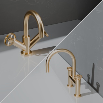 Delphi Turbine Brushed Brass Basin Mixer and Bath Filler Tap Set (inc Press Top Waste) | Product Image