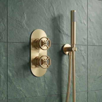 Delphi Turbine Brushed Brass Dual Concealed Shower Set with Handset and Bracket | Product Image