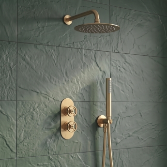 Delphi Turbine Brushed Brass Dual Concealed Shower Set with Fixed Head and Handset | Product Image