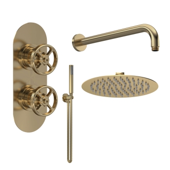 Delphi Turbine Brushed Brass Dual Concealed Shower Set with Fixed Head and Handset | Product Image