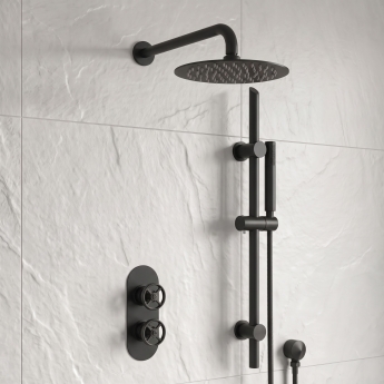 Delphi Turbine Matt Black Dual Concealed Shower Set with Fixed Head and Slide Rail Kit | Product Image