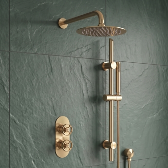 Delphi Turbine Brushed Brass Dual Concealed Shower Set with Fixed Head and Slide Rail Kit | Product Image