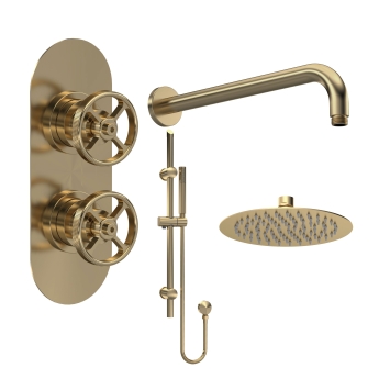 Delphi Turbine Brushed Brass Dual Concealed Shower Set with Fixed Head and Slide Rail Kit | Product Image