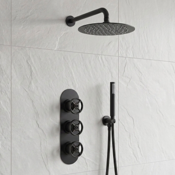 Delphi Turbine Matt Black Triple Concealed Shower Set with Fixed Head and Handset | Product Image