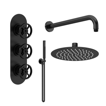 Delphi Turbine Matt Black Triple Concealed Shower Set with Fixed Head and Handset | Product Image