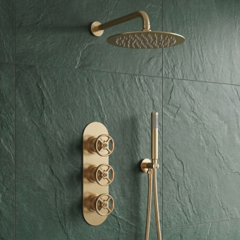 Delphi Turbine Brushed Brass Triple Concealed Shower Set with Fixed Head and Handset | Product Image