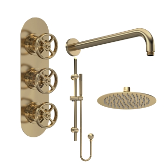Delphi Turbine Brushed Brass Triple Concealed Shower Set with Fixed Head and Slide Rail Kit | Product Image