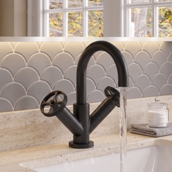 Delphi Turbine Matt Black Mono Basin Mixer Tap (inc Press Top Waste) | Product Image