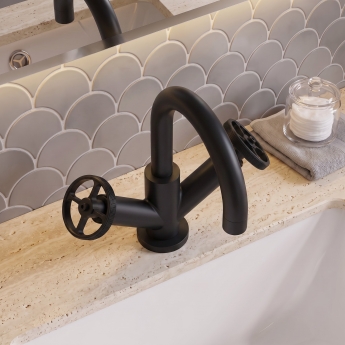 Delphi Turbine Matt Black Mono Basin Mixer Tap (inc Press Top Waste) | Product Image