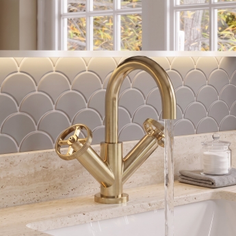 Delphi Turbine Brushed Brass Mono Basin Mixer Tap (inc Press Top Waste) | Product Image