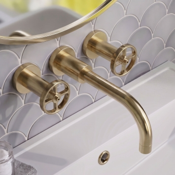 Delphi Turbine Brushed Brass 3-Hole Wall Mounted Basin/Bath Mixer Tap | Product Image
