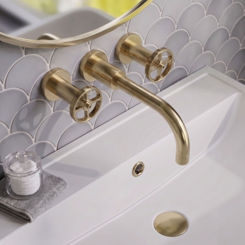 Delphi Turbine Brushed Brass 3-Hole Wall Mounted Basin/Bath Mixer Tap | Product Image
