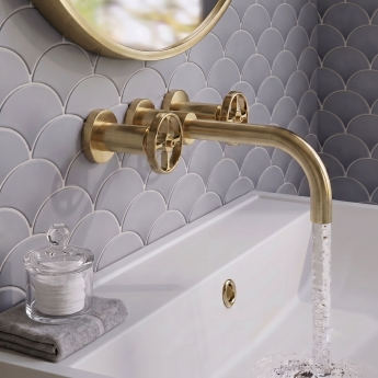 Delphi Turbine Brushed Brass 3-Hole Wall Mounted Basin/Bath Mixer Tap | Product Image