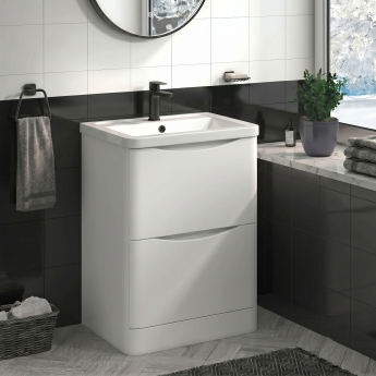 Delphi Vega Satin White 600mm 2-Drawer Floor Standing Waterproof Vanity Unit with Basin | Product Image