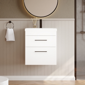 Versa Trim Wall Hung 2-Drawer Vanity Unit with Basin and Black Handle - 500mm Wide - Gloss White | Product Image