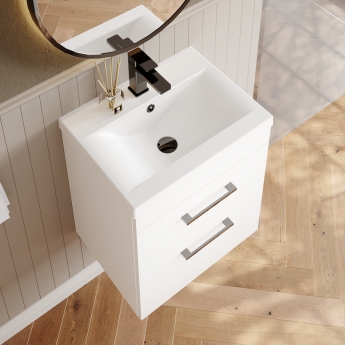 Versa Trim Wall Hung 2-Drawer Vanity Unit with Basin and Black Handle - 500mm Wide - Gloss White | Product Image