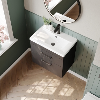 Versa Trim Wall Hung 2-Drawer Vanity Unit with Basin and Black Handle - 600mm Wide - Dark Grey | Product Image