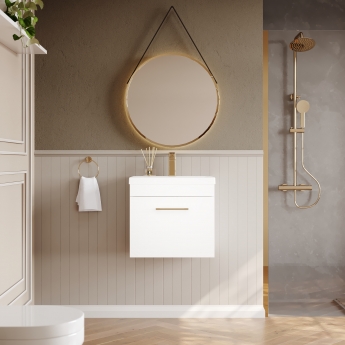 Versa Trim Wall Hung 1-Drawer Vanity Unit with Basin and Brass Handle - 500mm Wide - Gloss White | Product Image