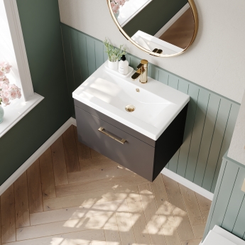 Versa Trim Wall Hung 1-Drawer Vanity Unit with Basin and Brass Handle - 600mm Wide - Dark Grey | Product Image