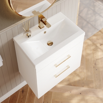 Versa Trim Wall Hung 2-Drawer Vanity Unit with Basin and Brass Handle - 600mm Wide - Gloss White | Product Image