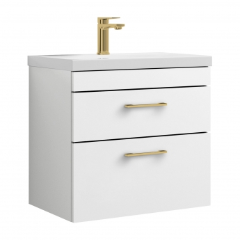 Versa Trim Wall Hung 2-Drawer Vanity Unit with Basin and Brass Handle - 600mm Wide - Gloss White