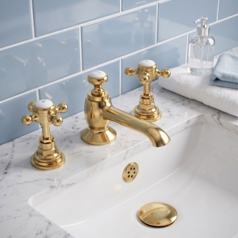 Delphi Windsor Crosshead Brushed Brass 3-Hole Basin Mixer Tap (inc Pop-Up Waste) | Product Image