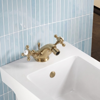 Delphi Windsor Crosshead Brushed Brass Bidet Mixer Tap (inc Waste) | Product Image