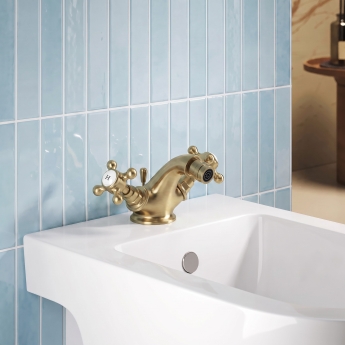 Delphi Windsor Crosshead Brushed Brass Bidet Mixer Tap (inc Waste) | Product Image
