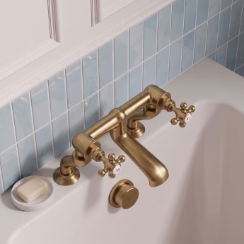 Delphi Windsor Crosshead Brushed Brass Pillar Mounted Bath Filler Tap | Product Image