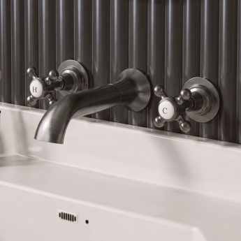 Delphi Windsor Crosshead Brushed Pewter 3-Hole Wall Mounted Basin Mixer Tap | Product Image