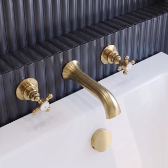 Delphi Windsor Crosshead Brushed Brass 3-Hole Wall Mounted Bath Filler Tap | Product Image