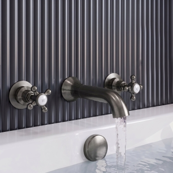 Delphi Windsor Crosshead Brushed Pewter 3-Hole Wall Mounted Bath Filler Tap | Product Image