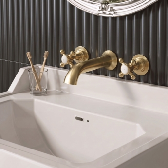 Delphi Windsor Crosshead Brushed Brass 3-Hole Wall Mounted Basin Mixer Tap | Product Image