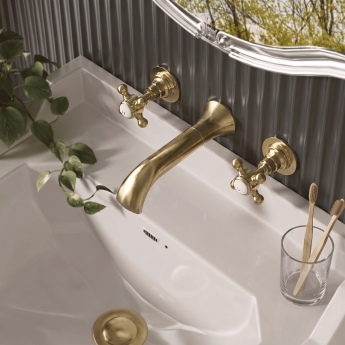 Delphi Windsor Crosshead Brushed Brass 3-Hole Wall Mounted Basin Mixer Tap | Product Image