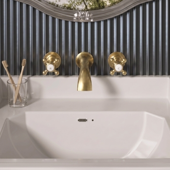 Delphi Windsor Crosshead Brushed Brass 3-Hole Wall Mounted Basin Mixer Tap | Product Image