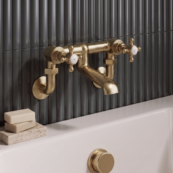 Delphi Windsor Crosshead Brushed Brass Wall Mounted Bath Filler Tap | Product Image