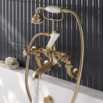 Delphi Windsor Crosshead Brushed Brass Wall Mounted Bath Shower Mixer Tap | Product Image