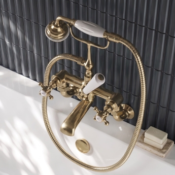 Delphi Windsor Crosshead Brushed Brass Wall Mounted Bath Shower Mixer Tap | Product Image