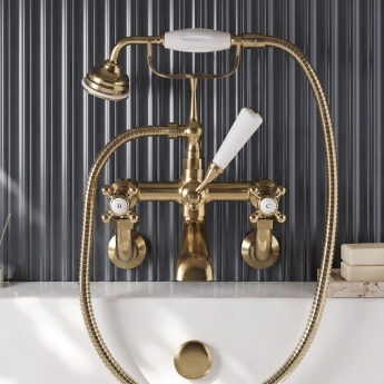 Delphi Windsor Crosshead Brushed Brass Wall Mounted Bath Shower Mixer Tap | Product Image