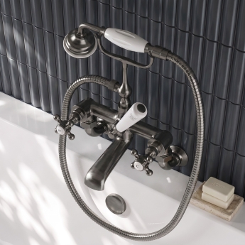 Delphi Windsor Crosshead Brushed Pewter Wall Mounted Bath Shower Mixer Tap | Product Image