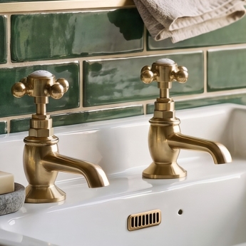Delphi Windsor Crosshead Brushed Brass Basin Taps Pair | Product Image