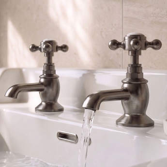 Delphi Windsor Crosshead Brushed Pewter Basin Hot and Cold Taps Pair | Product Image