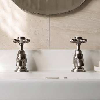 Delphi Windsor Crosshead Brushed Pewter Basin Hot and Cold Taps Pair | Product Image