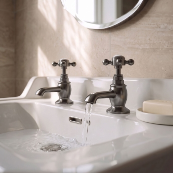 Delphi Windsor Crosshead Brushed Pewter Basin Hot and Cold Taps Pair | Product Image